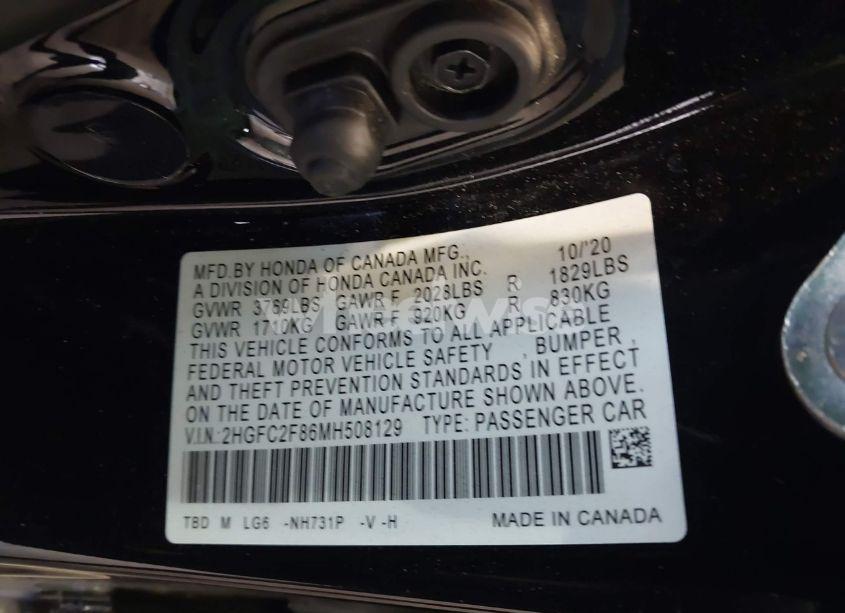 Photo 9 of 2021 Honda Civic SPORT (VIN 2HGFC2F86MH508129)
