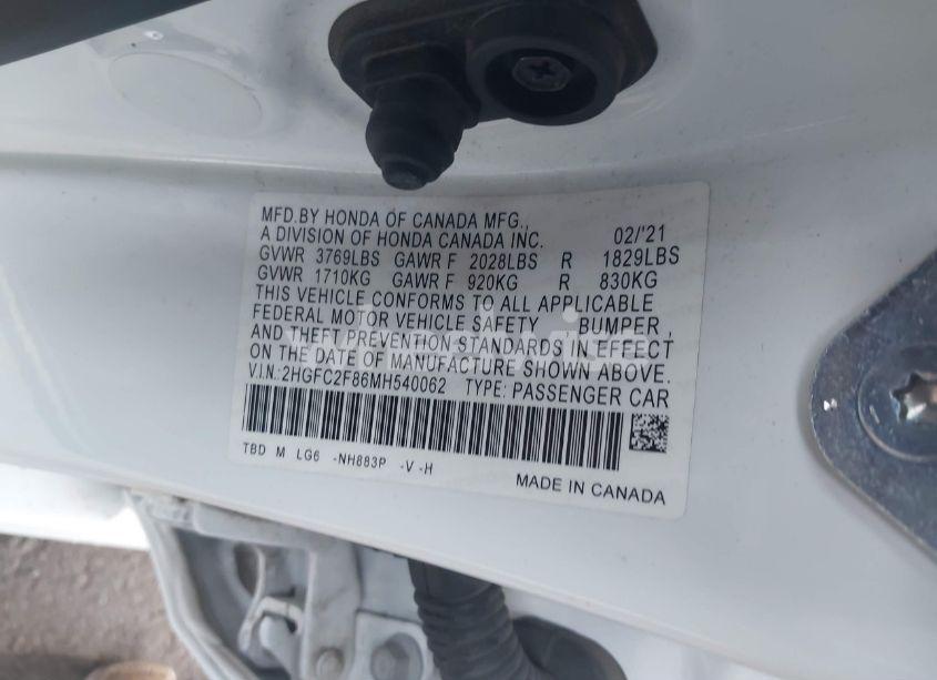 Photo 9 of 2021 Honda Civic SPORT (VIN 2HGFC2F86MH540062)