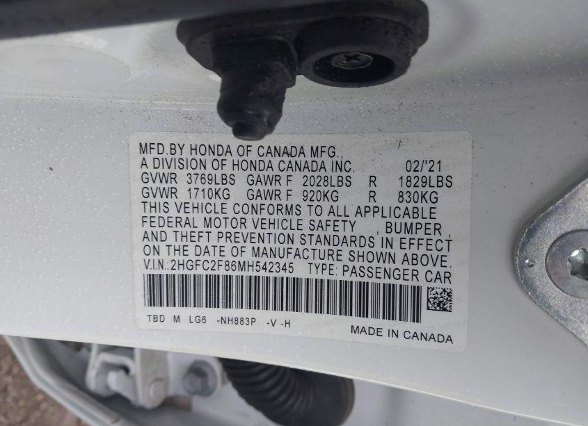 Photo 9 of 2021 Honda Civic SPORT (VIN 2HGFC2F86MH542345)