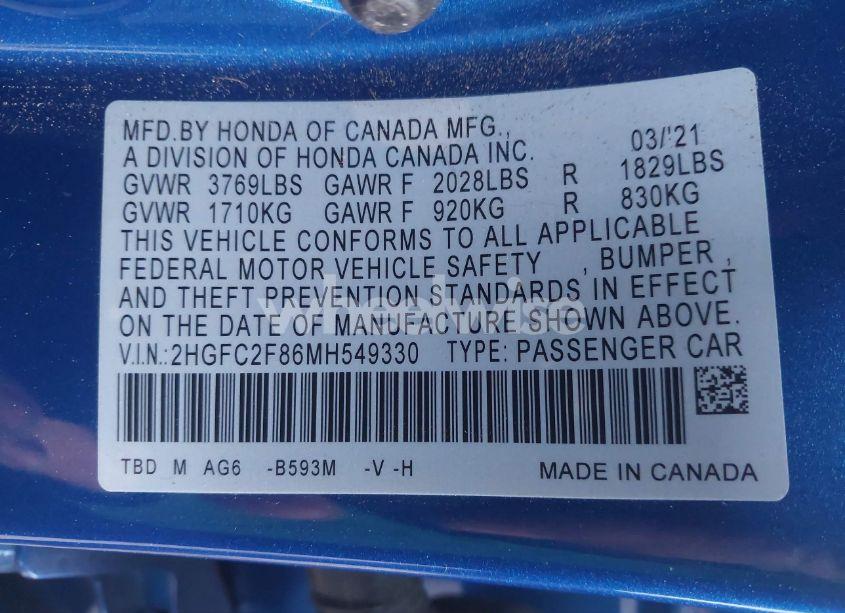 Photo 9 of 2021 Honda Civic SPORT (VIN 2HGFC2F86MH549330)