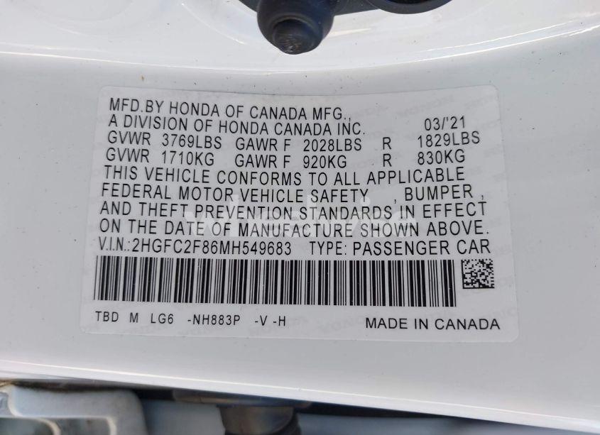 Photo 9 of 2021 Honda Civic SPORT (VIN 2HGFC2F86MH549683)