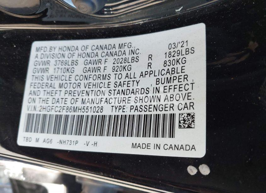 Photo 9 of 2021 Honda Civic SPORT (VIN 2HGFC2F86MH551028)