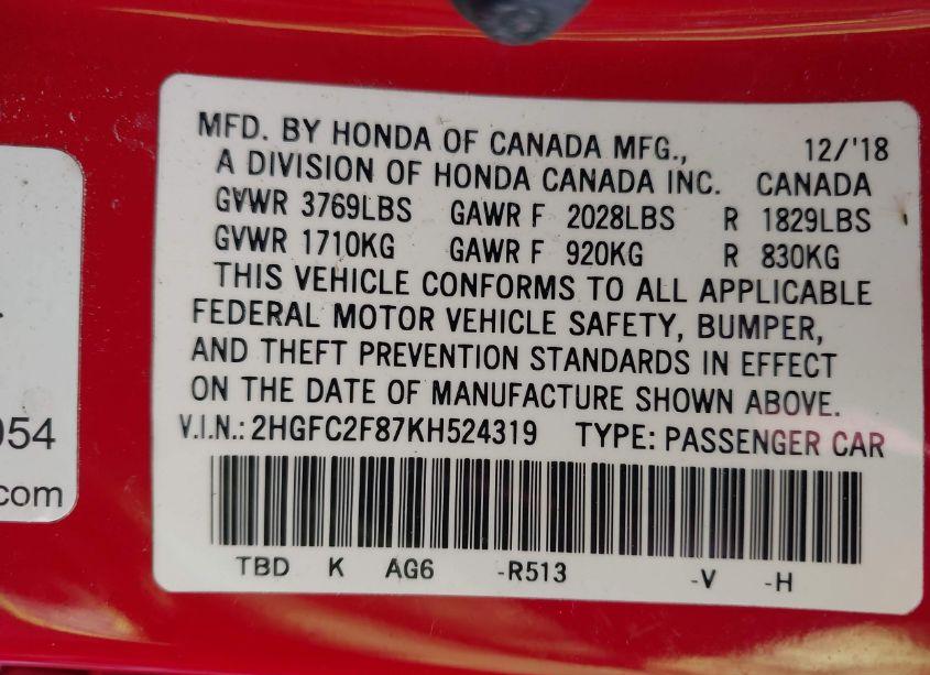 Photo 9 of 2019 Honda Civic SPORT (VIN 2HGFC2F87KH524319)