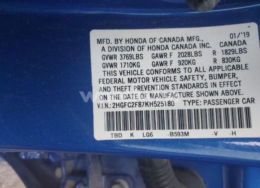 Photo 9 of 2019 Honda Civic SPORT (VIN 2HGFC2F87KH525180)