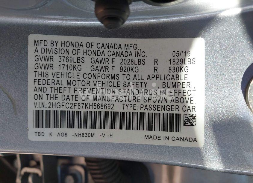 Photo 9 of 2019 Honda Civic SPORT (VIN 2HGFC2F87KH568692)