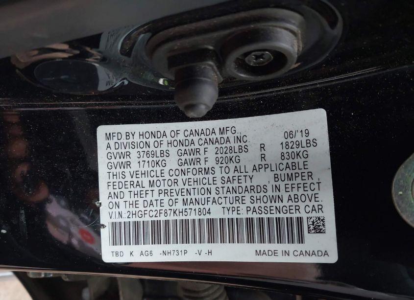 Photo 9 of 2019 Honda Civic SPORT (VIN 2HGFC2F87KH571804)