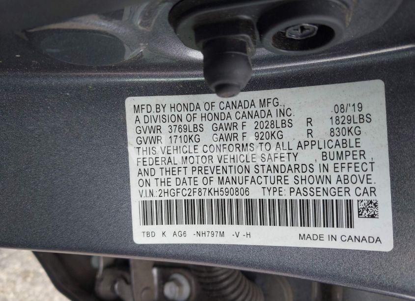 Photo 9 of 2019 Honda Civic SPORT (VIN 2HGFC2F87KH590806)