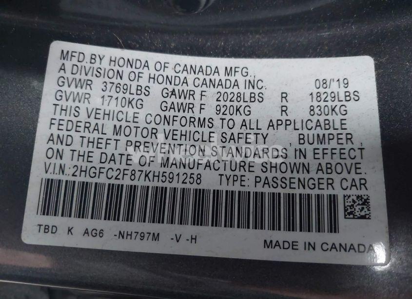 Photo 9 of 2019 Honda Civic SPORT (VIN 2HGFC2F87KH591258)