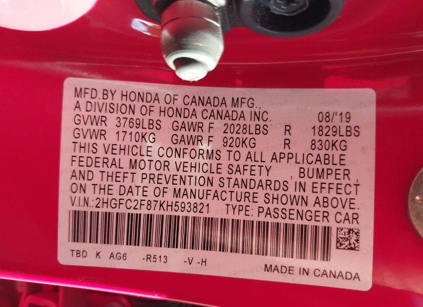 Photo 9 of 2019 Honda Civic SPORT (VIN 2HGFC2F87KH593821)