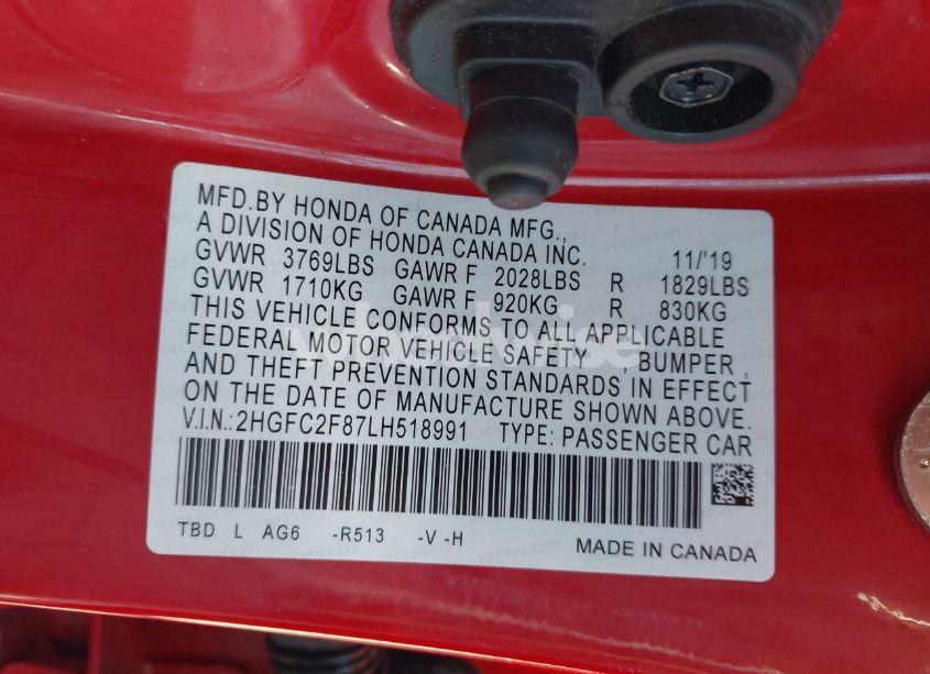 Photo 9 of 2020 Honda Civic SPORT (VIN 2HGFC2F87LH518991)