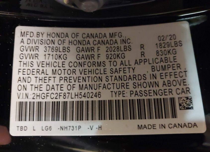 Photo 9 of 2020 Honda Civic SPORT (VIN 2HGFC2F87LH540246)
