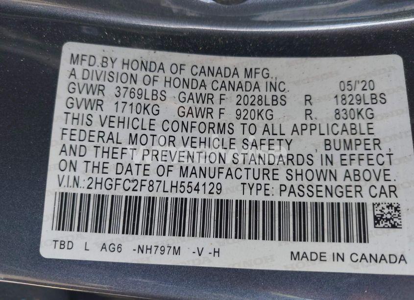Photo 9 of 2020 Honda Civic SPORT (VIN 2HGFC2F87LH554129)