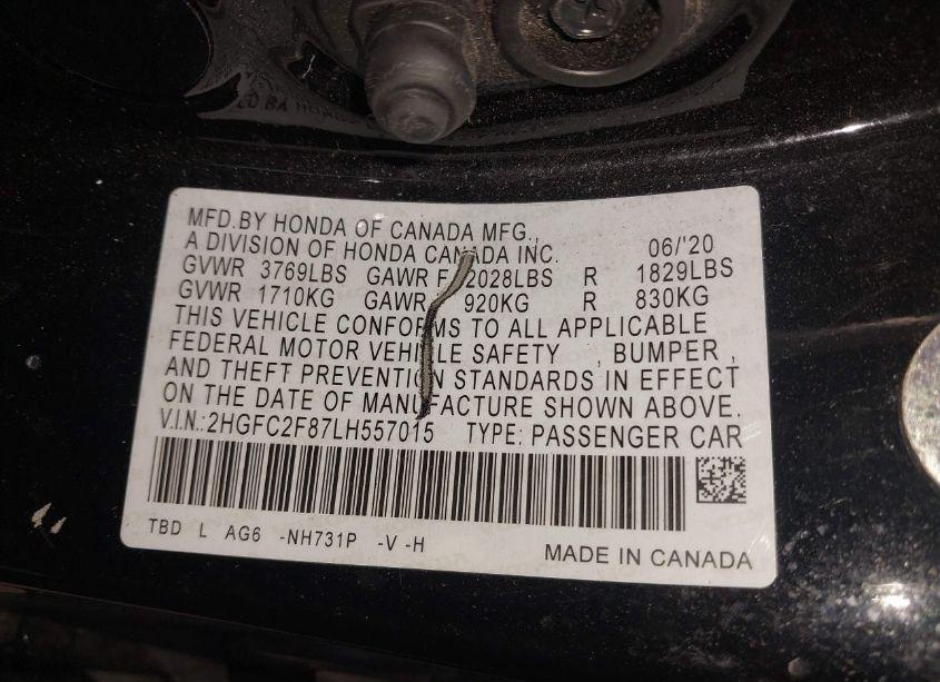 Photo 9 of 2020 Honda Civic SPORT (VIN 2HGFC2F87LH557015)