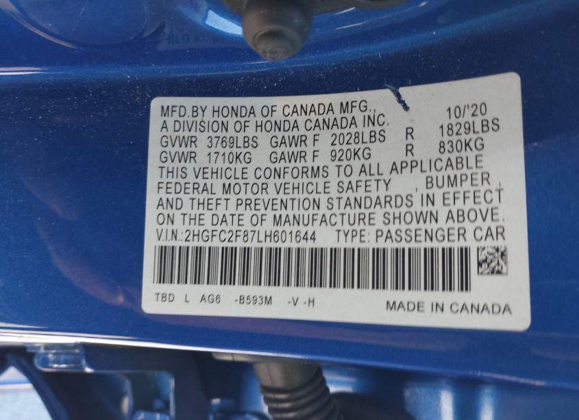 Photo 9 of 2020 Honda Civic SPORT (VIN 2HGFC2F87LH601644)