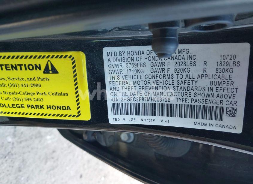 Photo 9 of 2021 Honda Civic SPORT (VIN 2HGFC2F87MH506728)