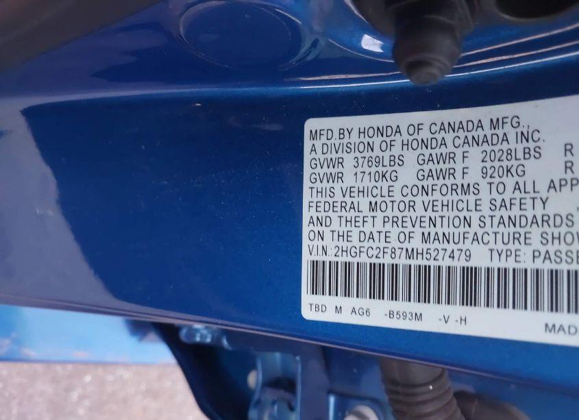 Photo 9 of 2021 Honda Civic SPORT (VIN 2HGFC2F87MH527479)