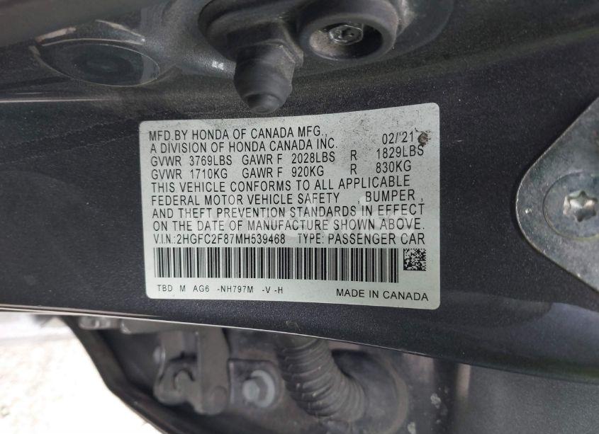 Photo 9 of 2021 Honda Civic SPORT (VIN 2HGFC2F87MH539468)