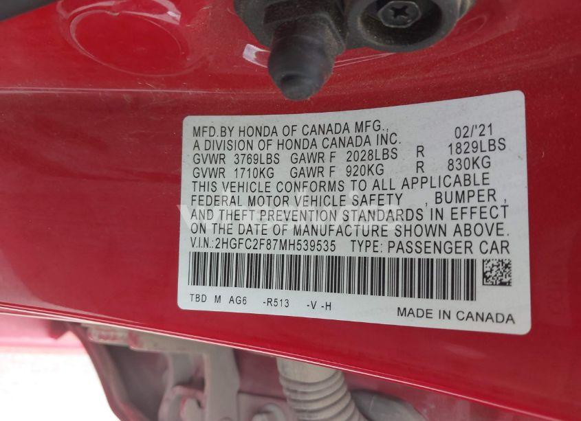 Photo 9 of 2021 Honda Civic SPORT (VIN 2HGFC2F87MH539535)