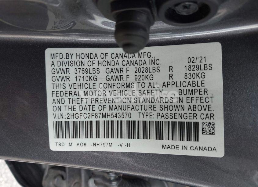 Photo 9 of 2021 Honda Civic SPORT (VIN 2HGFC2F87MH543570)