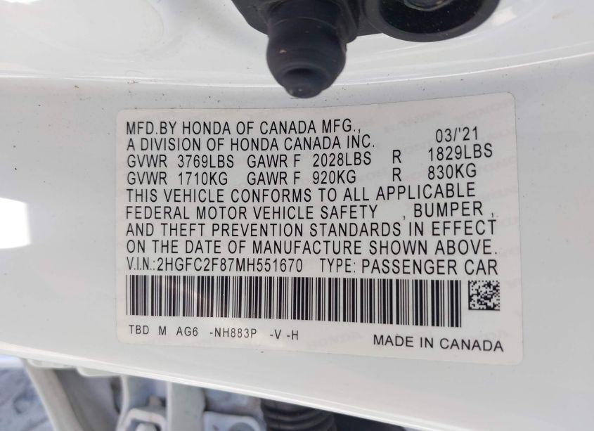 Photo 9 of 2021 Honda Civic SPORT (VIN 2HGFC2F87MH551670)
