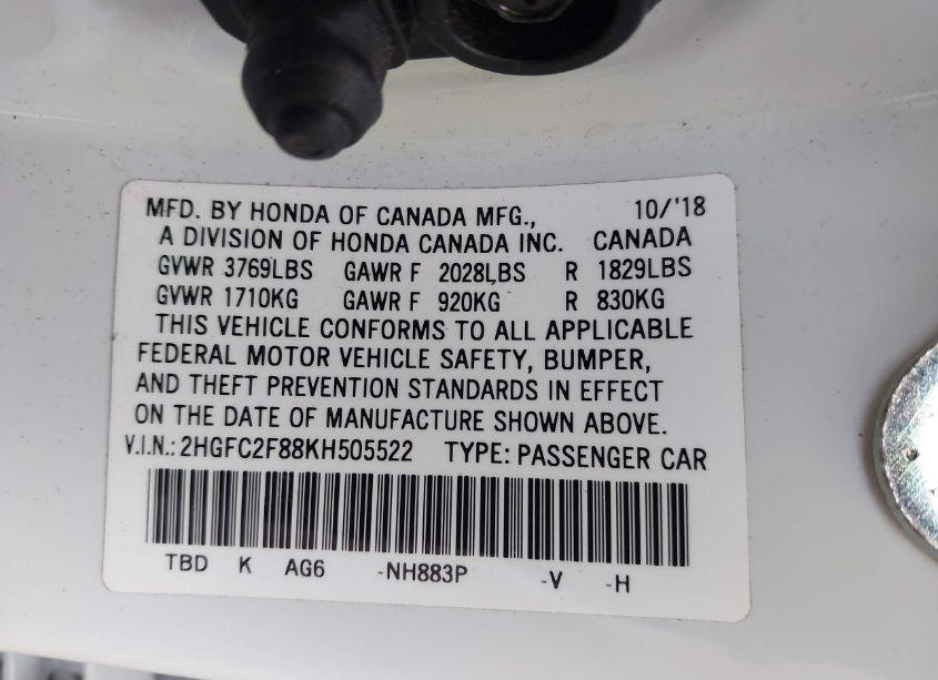 Photo 9 of 2019 Honda Civic SPORT (VIN 2HGFC2F88KH505522)