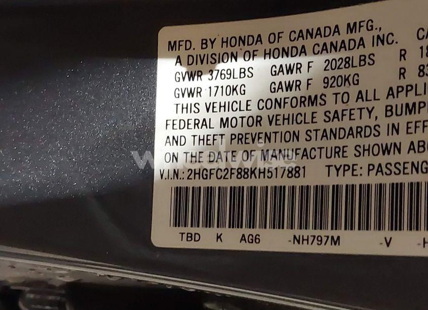 Photo 9 of 2019 Honda Civic SPORT (VIN 2HGFC2F88KH517881)