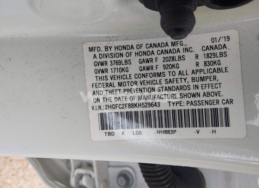 Photo 9 of 2019 Honda Civic SPORT (VIN 2HGFC2F88KH529643)