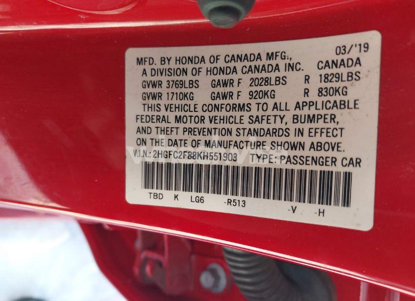 Photo 9 of 2019 Honda Civic SPORT (VIN 2HGFC2F88KH551903)