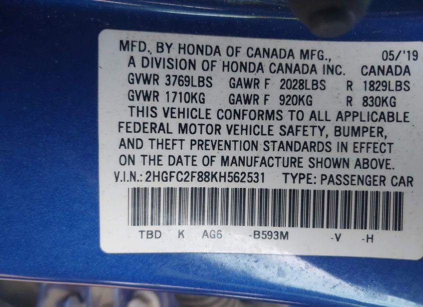 Photo 9 of 2019 Honda Civic SPORT (VIN 2HGFC2F88KH562531)