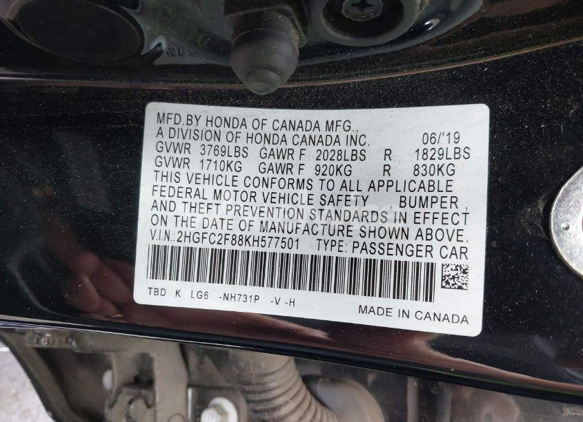 Photo 9 of 2019 Honda Civic SPORT (VIN 2HGFC2F88KH577501)