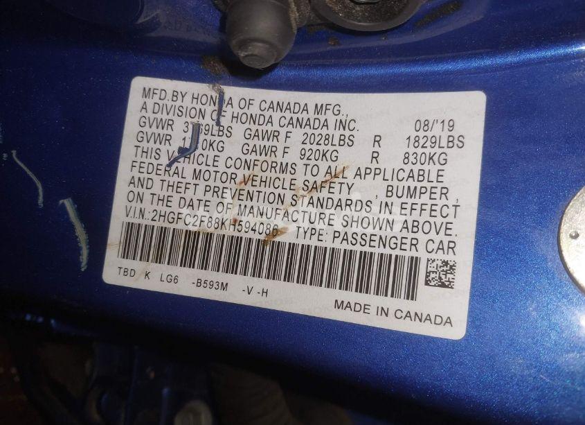 Photo 9 of 2019 Honda Civic SPORT (VIN 2HGFC2F88KH594086)