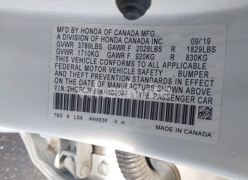 Photo 9 of 2019 Honda Civic SPORT (VIN 2HGFC2F88KH602087)