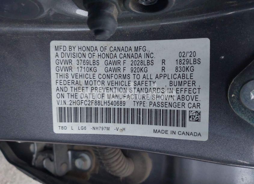 Photo 9 of 2020 Honda Civic SPORT (VIN 2HGFC2F88LH540689)