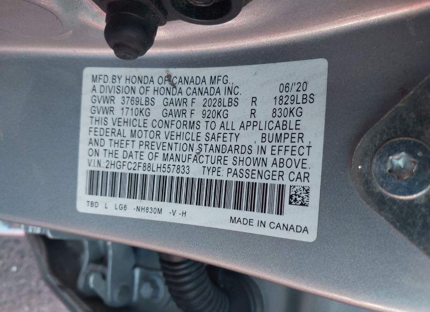 Photo 9 of 2020 Honda Civic SPORT (VIN 2HGFC2F88LH557833)