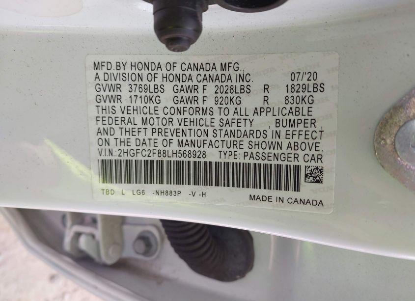 Photo 9 of 2020 Honda Civic SPORT (VIN 2HGFC2F88LH568928)