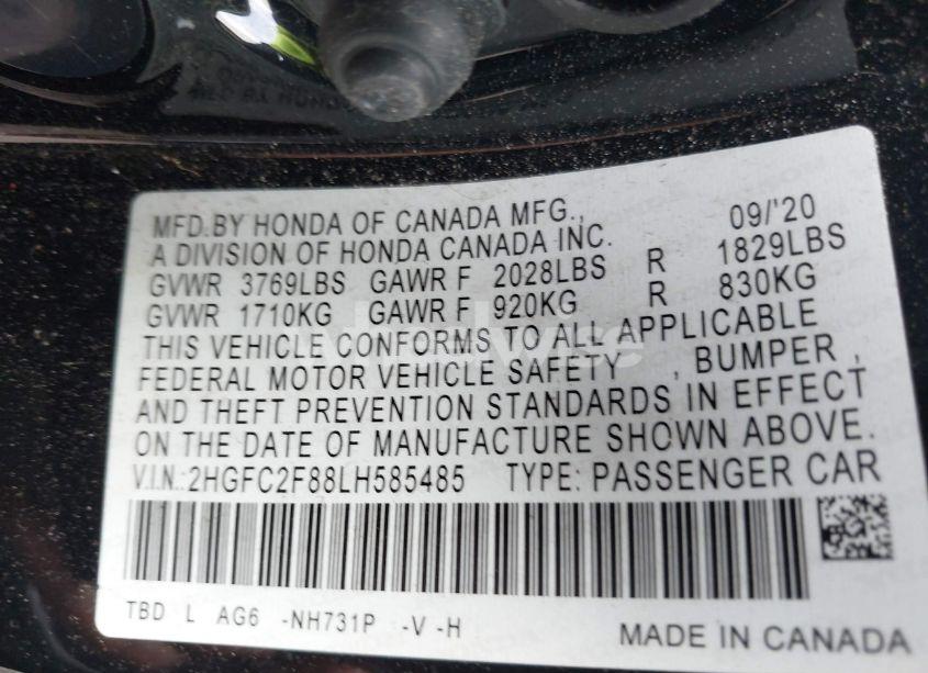 Photo 9 of 2020 Honda Civic SPORT (VIN 2HGFC2F88LH585485)