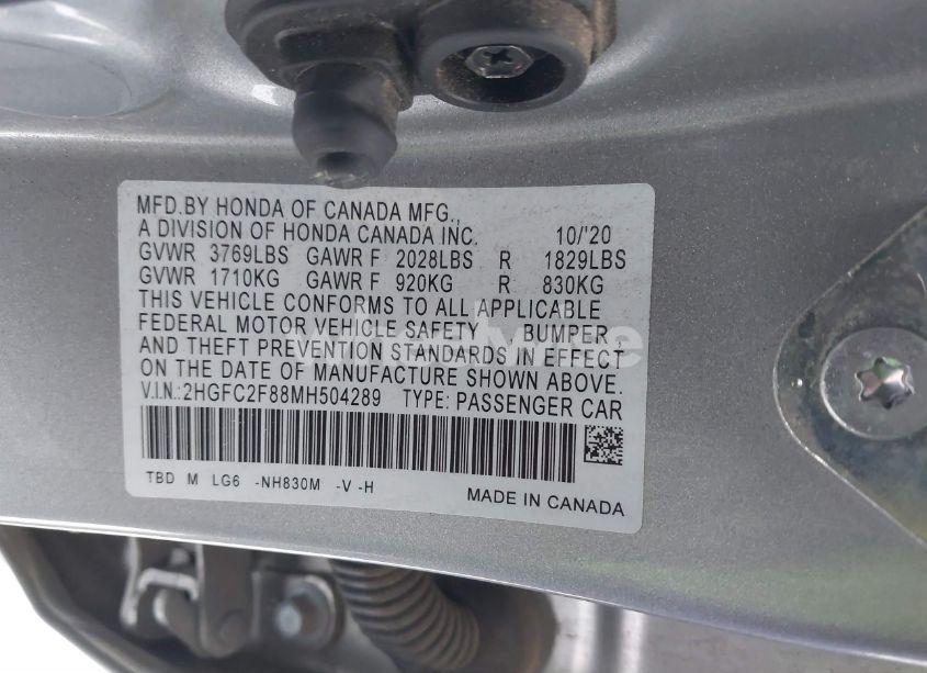 Photo 9 of 2021 Honda Civic SPORT (VIN 2HGFC2F88MH504289)