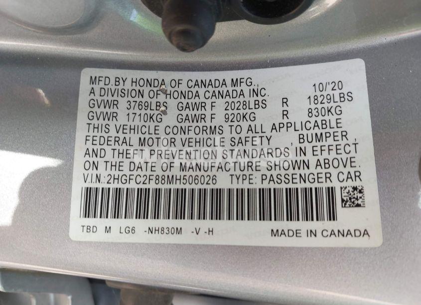 Photo 9 of 2021 Honda Civic SPORT (VIN 2HGFC2F88MH506026)