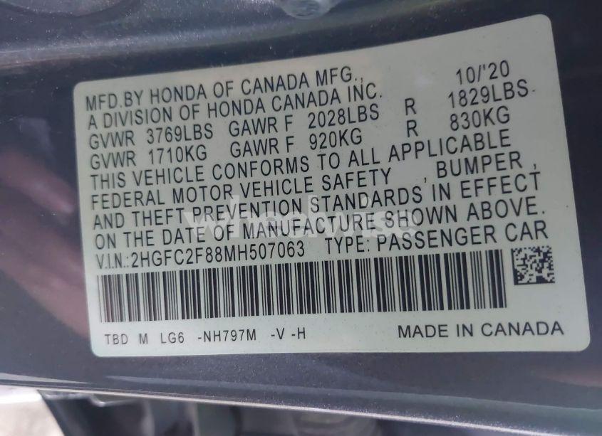 Photo 9 of 2021 Honda Civic SPORT (VIN 2HGFC2F88MH507063)