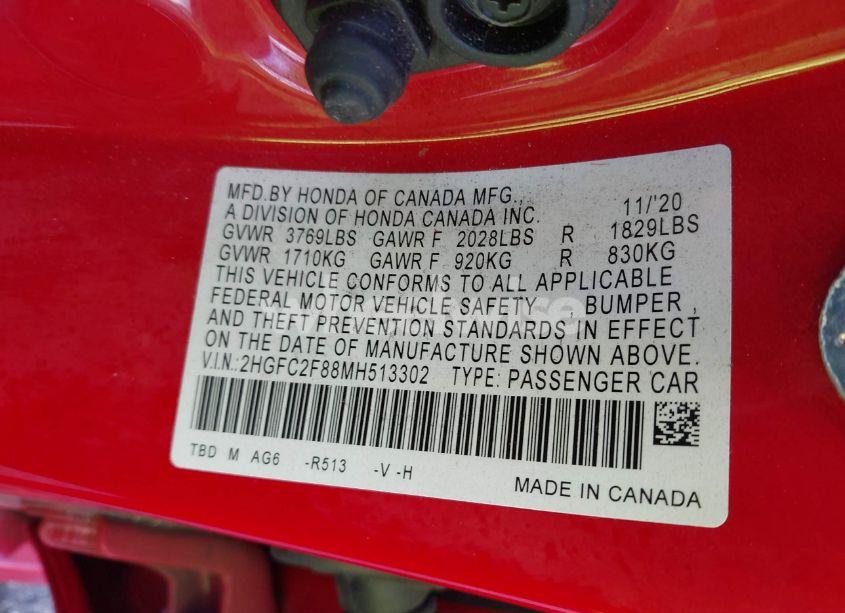 Photo 9 of 2021 Honda Civic SPORT (VIN 2HGFC2F88MH513302)