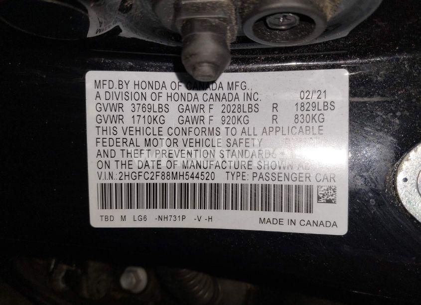 Photo 9 of 2021 Honda Civic SPORT (VIN 2HGFC2F88MH544520)