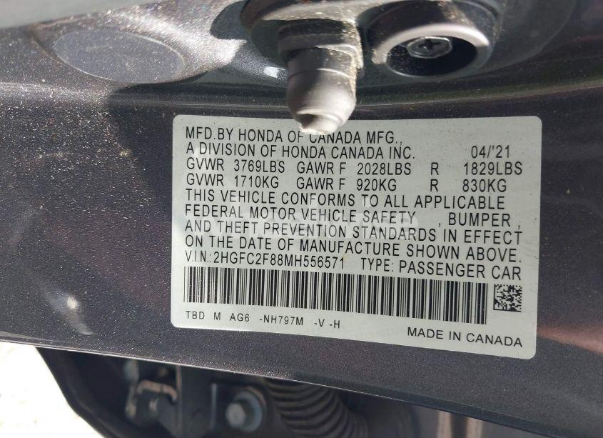 Photo 9 of 2021 Honda Civic SPORT (VIN 2HGFC2F88MH556571)