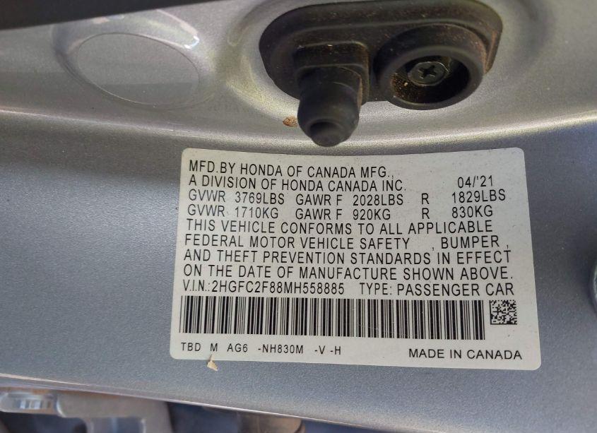 Photo 9 of 2021 Honda Civic SPORT (VIN 2HGFC2F88MH558885)