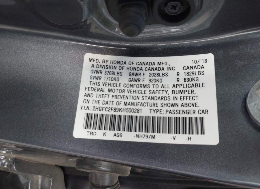 Photo 9 of 2019 Honda Civic SPORT (VIN 2HGFC2F89KH500281)