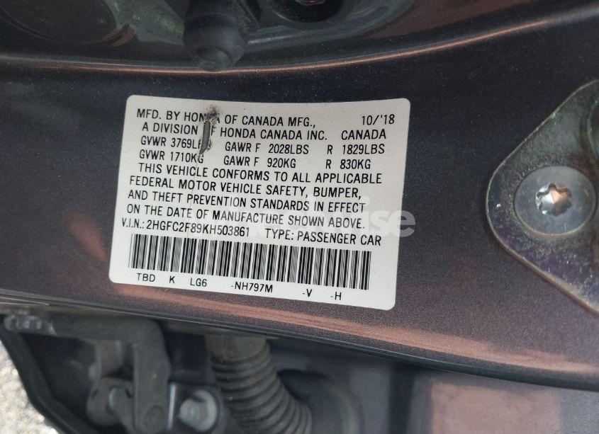 Photo 9 of 2019 Honda Civic SPORT (VIN 2HGFC2F89KH503861)