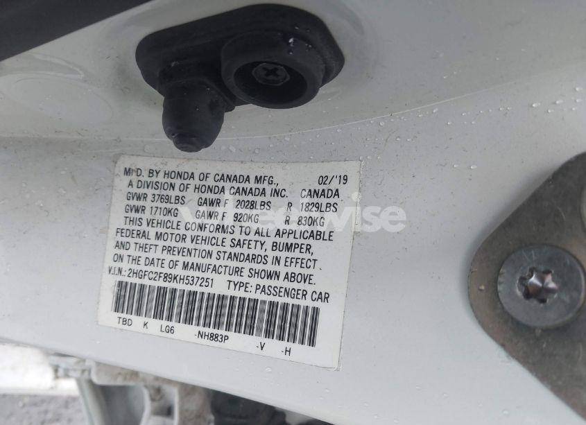 Photo 9 of 2019 Honda Civic SPORT (VIN 2HGFC2F89KH537251)