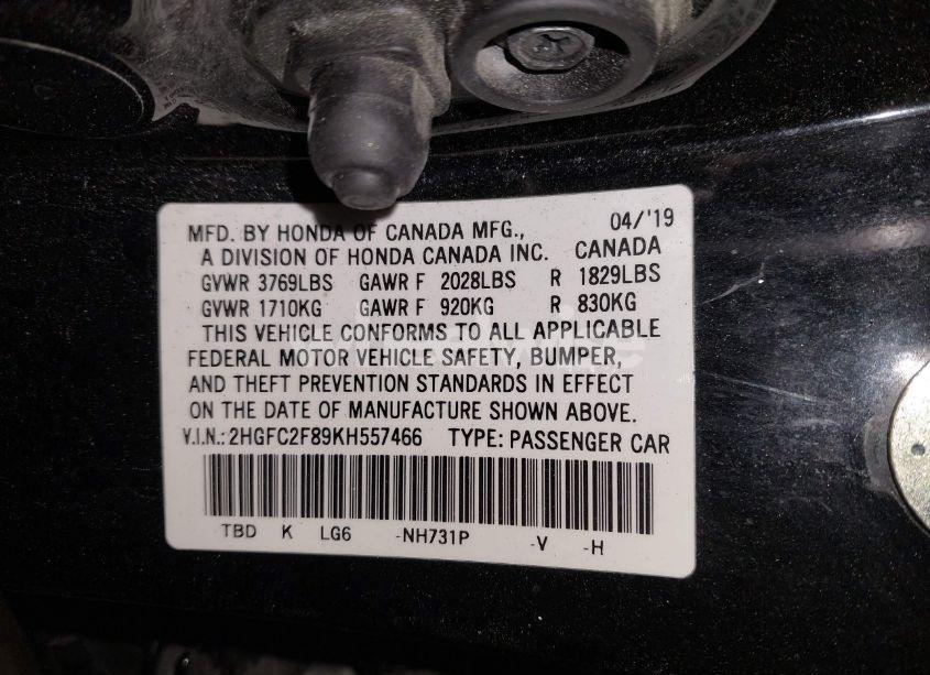 Photo 9 of 2019 Honda Civic SPORT (VIN 2HGFC2F89KH557466)