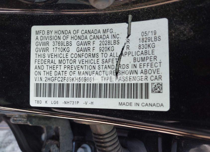 Photo 9 of 2019 Honda Civic SPORT (VIN 2HGFC2F89KH569861)