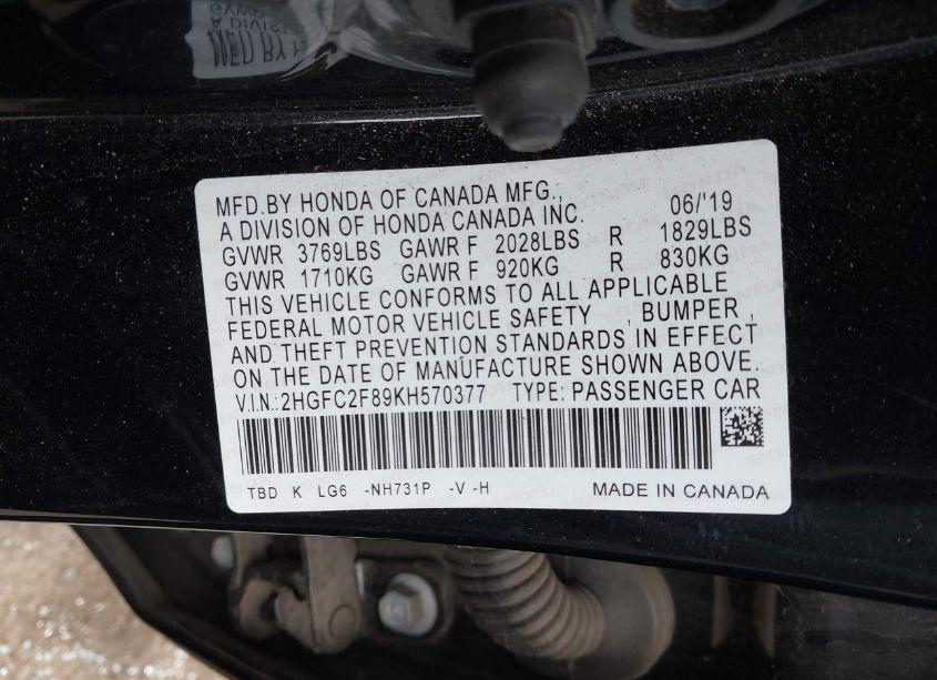 Photo 9 of 2019 Honda Civic SPORT (VIN 2HGFC2F89KH570377)