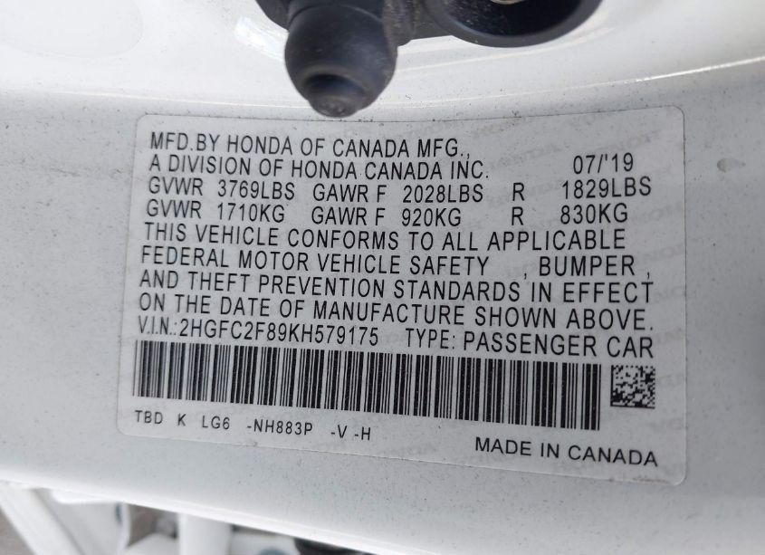 Photo 9 of 2019 Honda Civic SPORT (VIN 2HGFC2F89KH579175)